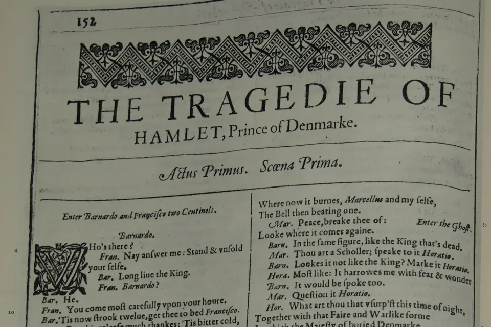 The opening page of Hamlet in the 1623 First Folio, with the heading The Tragedie of Hamlet, Prince of Denmarke above two columns of dialogue